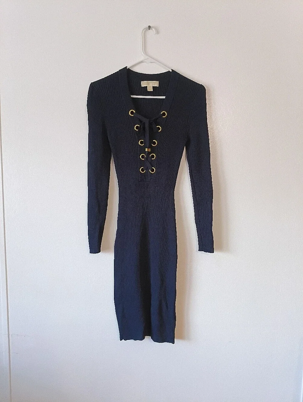 Michael Kors Ribbed Lace-Up Long Sleeve Dress Navy Size XS